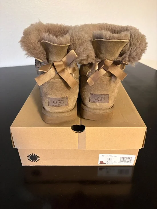 UGG Chestnut Suede Mini Boots with Back Mini Bailey Bow II - Picture 2 of 6